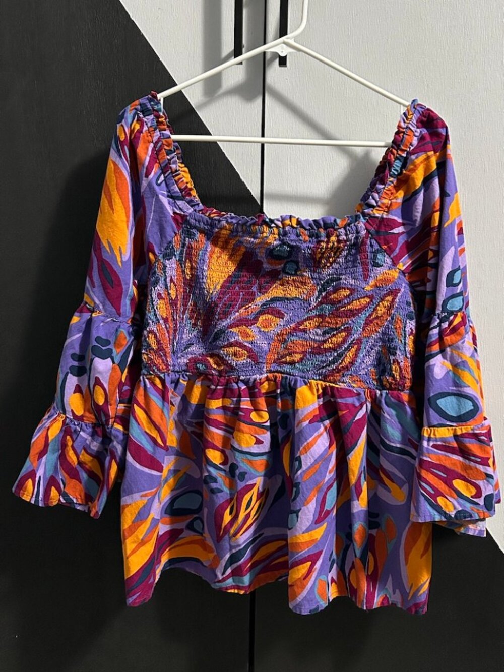 Terra & Sky Smocked Peasant Top Vibrant Abstract Butterfly Print Women's 0X/14W